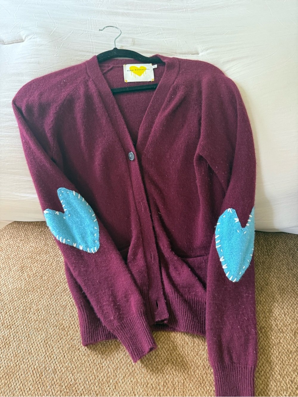 Women’s Burgundy Button-Front Cardigan with Blue Heart Elbow Patches